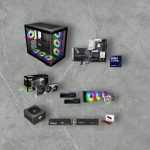 A collection of PC components arranged on a gray background: a black case with RGB fans, motherboard, CPU cooler, RAM sticks, SSDs, a graphics card, and a power supply to illustrate a gaming PC build.