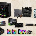 PC build kit: glass-sided case with RGB lighting, motherboard, GPU, RAM sticks, SSDs, and cooling fans laid out on a beige background.
