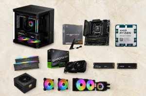 PC build kit: glass-sided case with RGB lighting, motherboard, GPU, RAM sticks, SSDs, and cooling fans laid out on a beige background.