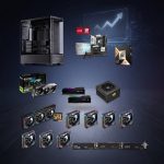 Collage of PC components for a gaming build: computer case, motherboard, RAM sticks, graphics cards, power supply, SSDs, and cooling components against a blue tech background with a rising graph.