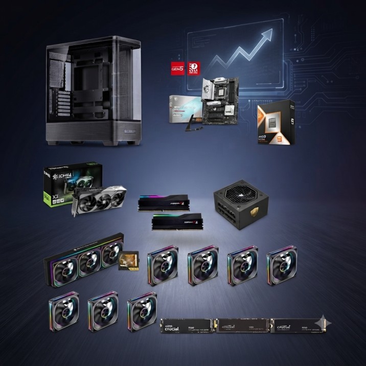 Collage of PC components for a gaming build: computer case, motherboard, RAM sticks, graphics cards, power supply, SSDs, and cooling components against a blue tech background with a rising graph.