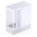 White compact beverage cooler with perforated panels on the sides and top, featuring an open lower storage area/tray at the front edge of the base planned for drip drainage or spill prevention.