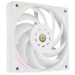 White PC case fan with glowing RGB light strips around the frame in a square housing, viewed at an angle, showing a central hub with blades in motion.