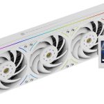 White rectangular liquid cooling radiator with four large white fans and a separate LCD control panel showing system temperatures (27°C–32°C).