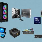 A montage of PC components on a blue background: computer case with RGB fans, motherboard, power supply, graphics card, RAM, cooler, and cooling radiator.