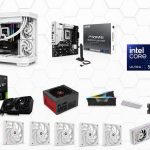 Collection of computer parts displayed on a white hex tile background: a white PC case with cooling, motherboard, GPUs, RAM, PSU, and fans.